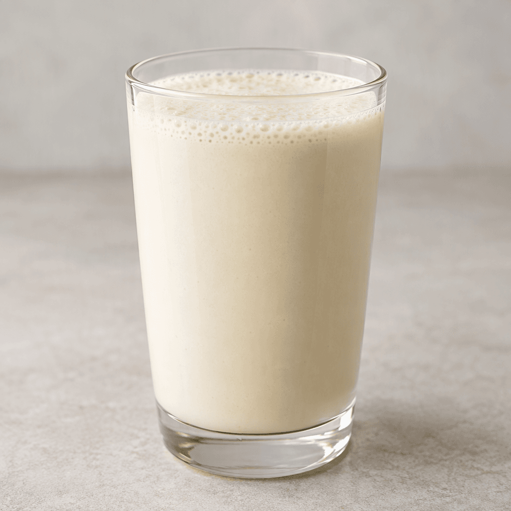 A smooth, opaque, pale cream-colored protein drink sits in a clear glass, with a thin layer of fine bubbles on top.