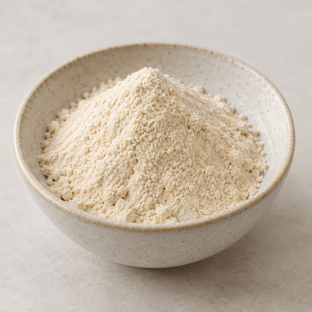 Bir kâsede duran açık bej renkli protein puding tozu, ince ve kuru dokusuyla küçük bir tepecik oluşturuyor; çevresine birkaç tanecik saçılmış.