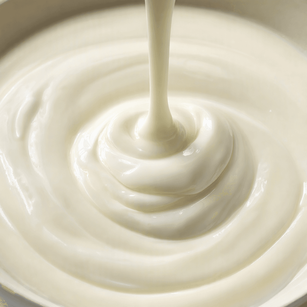 A smooth, pale-white dairy mixture with a thick, creamy, pourable texture.