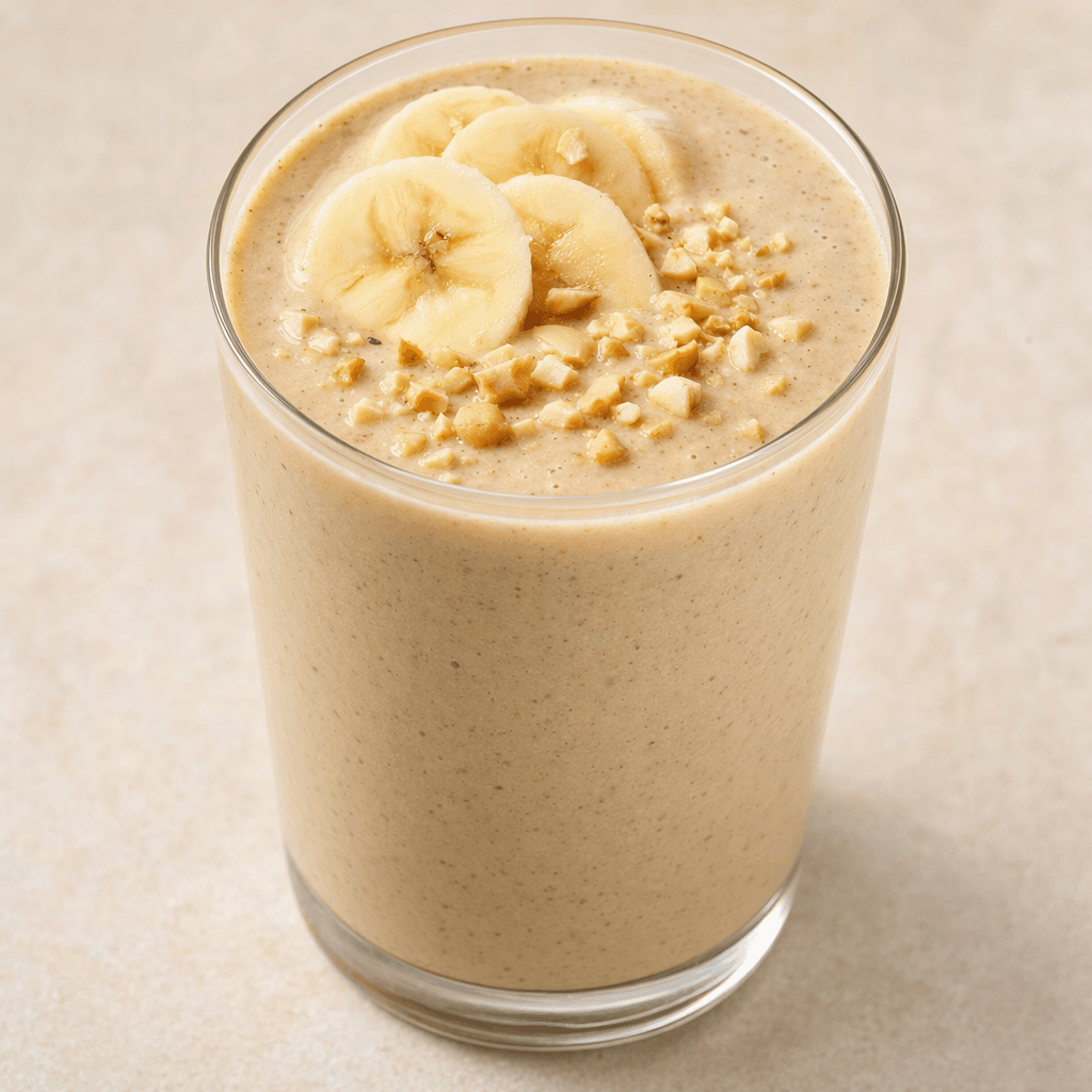 A smooth, creamy light tan drink with subtle brown flecks, served in a clear glass and topped with a few banana slices and crushed peanuts.