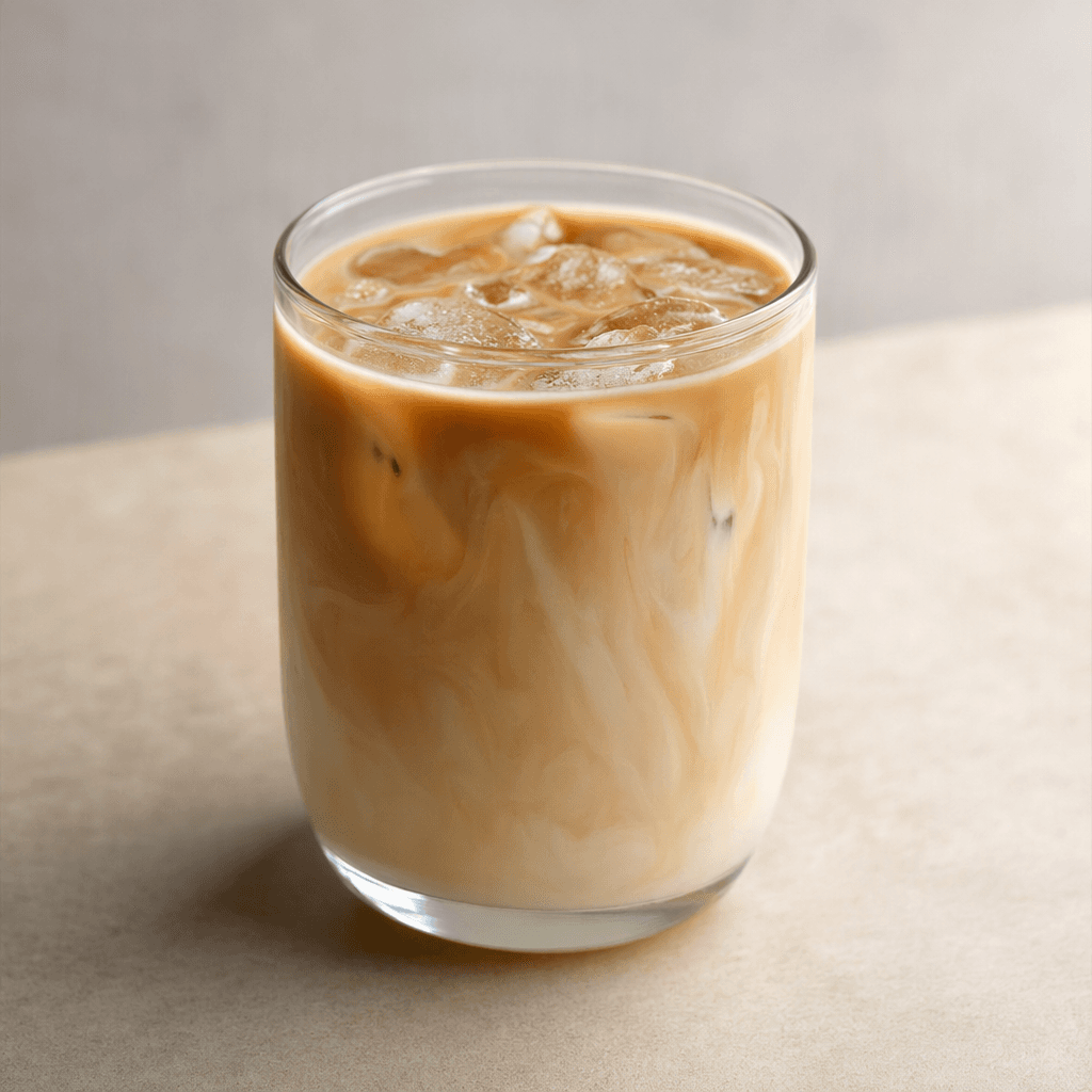 A glass of iced coffee with protein milk, showing a creamy light-brown drink with visible ice cubes and soft swirls of pale milk.