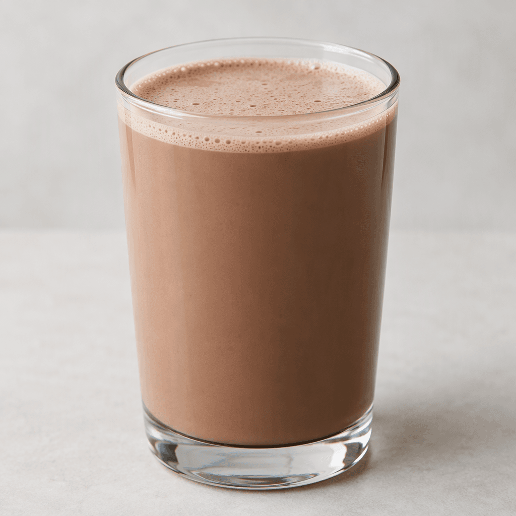 A glass of opaque, creamy light-brown chocolate milk with a smooth surface and a thin layer of pale foam.