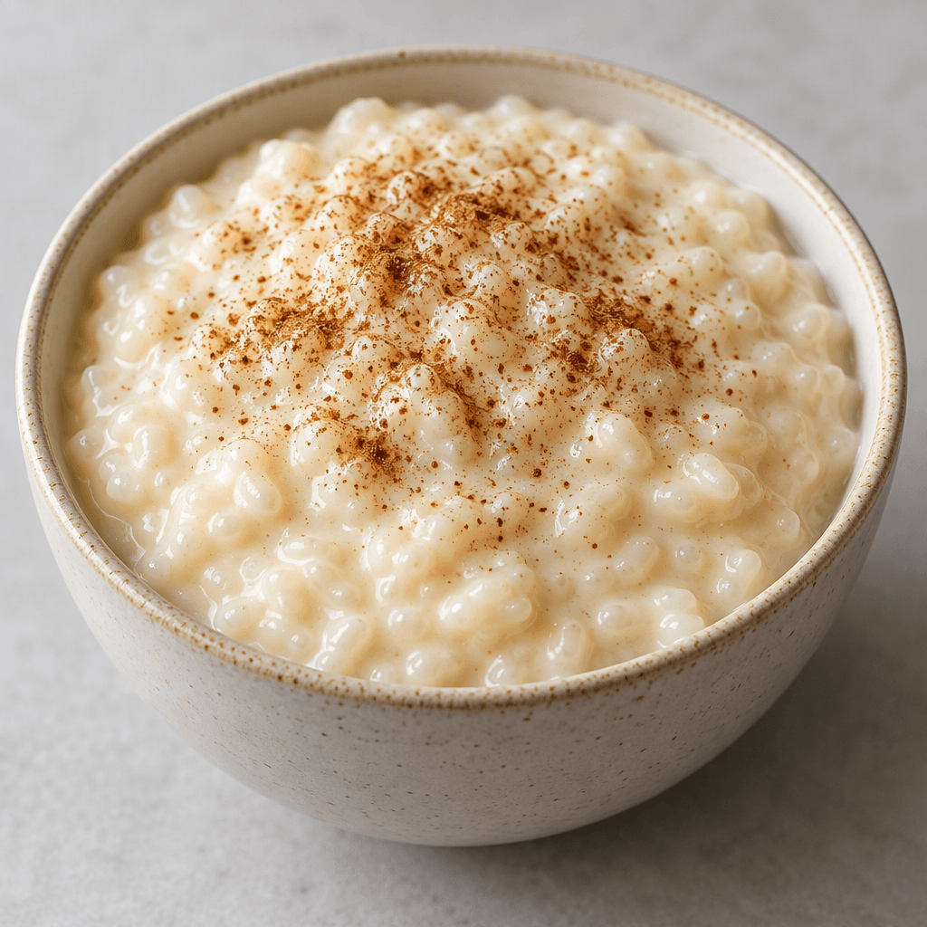 A thick, creamy off-white pudding with distinct soft rice grains throughout, served in a small bowl.