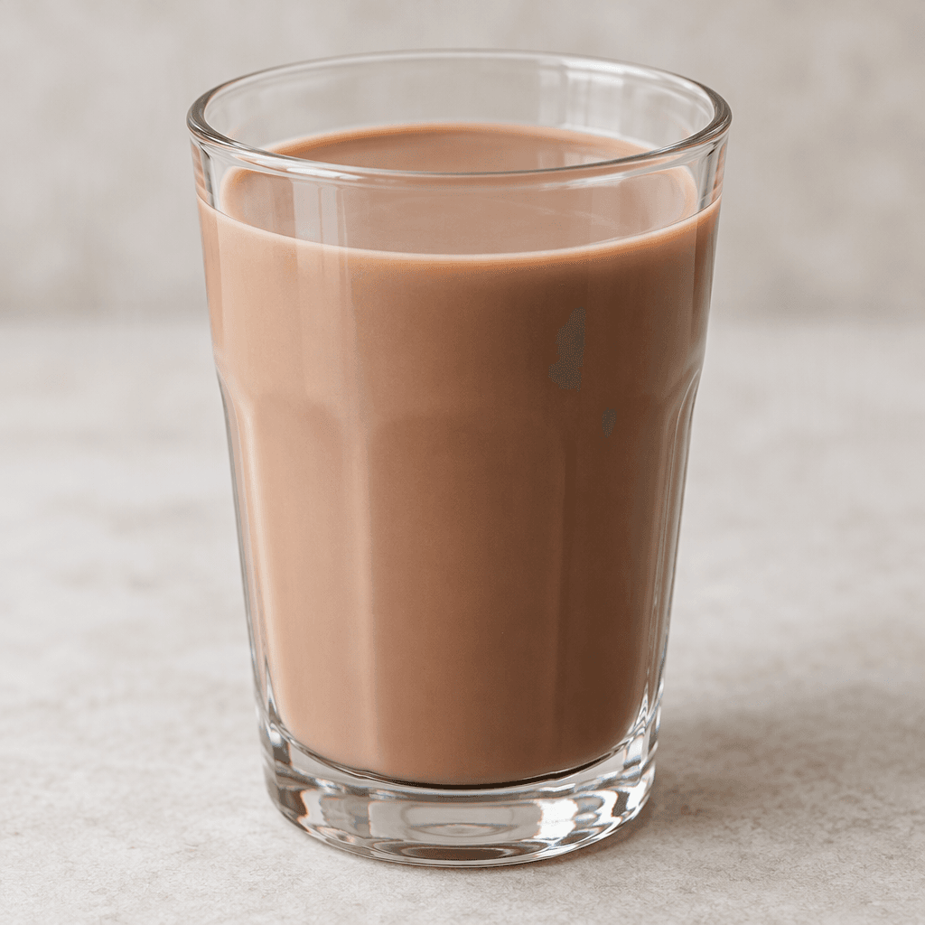 A smooth, opaque light-brown chocolate milk drink sits in a clear glass, with an even surface and no visible toppings.