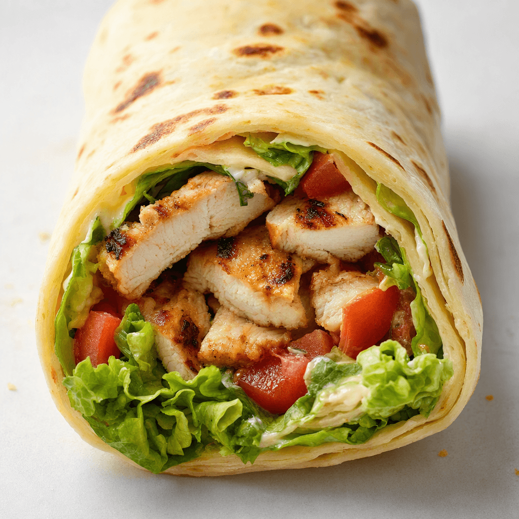 Yüzeyinde dağınık kahverengi kızarmış izler bulunan yumuşak, açık altın renkli tortilla; ızgara tavuk şeritleri, yeşil yapraklar ve kırmızı domatesle sarılmış, kesik ucu öne bakacak şekilde servis edilmiş.