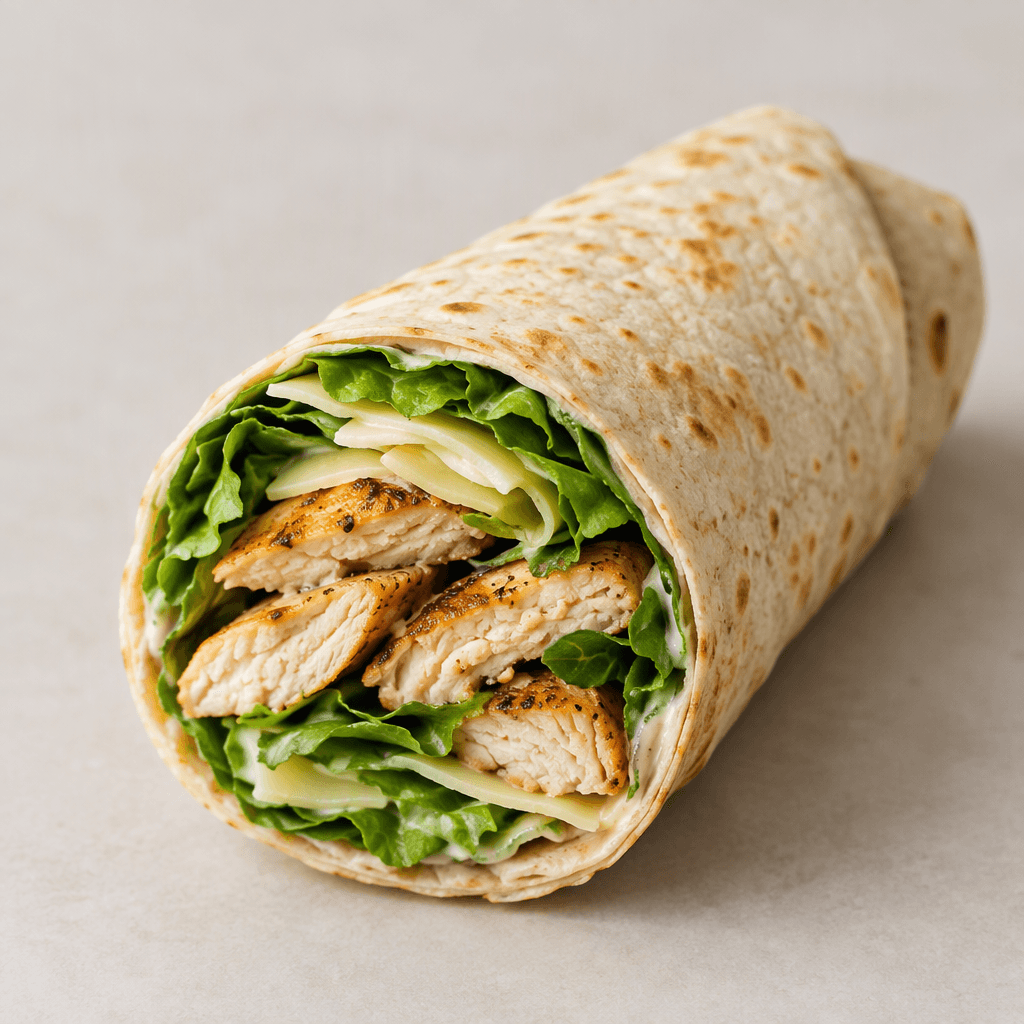 A soft, lightly browned beige tortilla is rolled around strips of browned chicken, leafy greens and pale cheese, with one end cut open to show the layered filling.