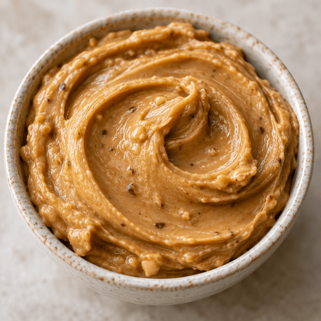 Thick, smooth tan-brown peanut butter with a slightly glossy surface, spread in a generous swirl in a small bowl and marked with a few darker flecks.