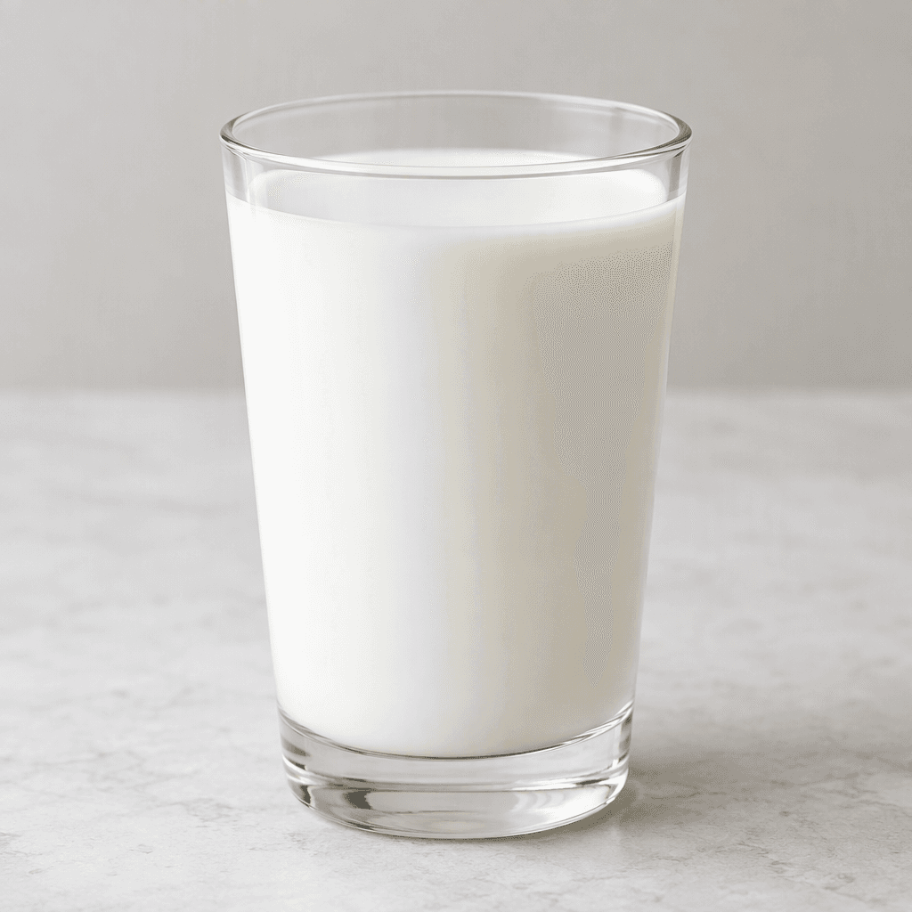 Düz protein sütüyle doldurulmuş şeffaf bir bardakta, yüzeyi pürüzsüz ve homojen görünen opak beyaz bir sıvı.