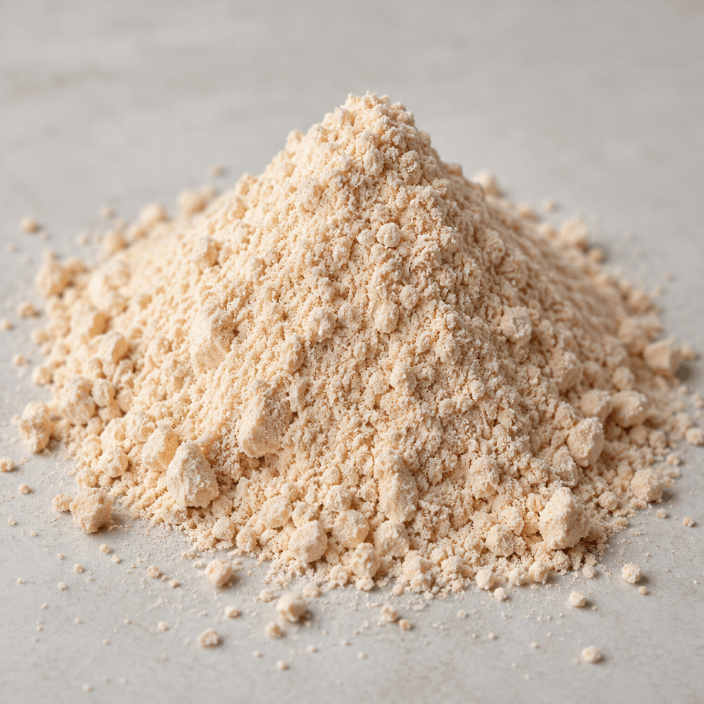 A fine, lightly tinted powder sits in a small mound, with a dry, even texture and a few loose granules scattered nearby.