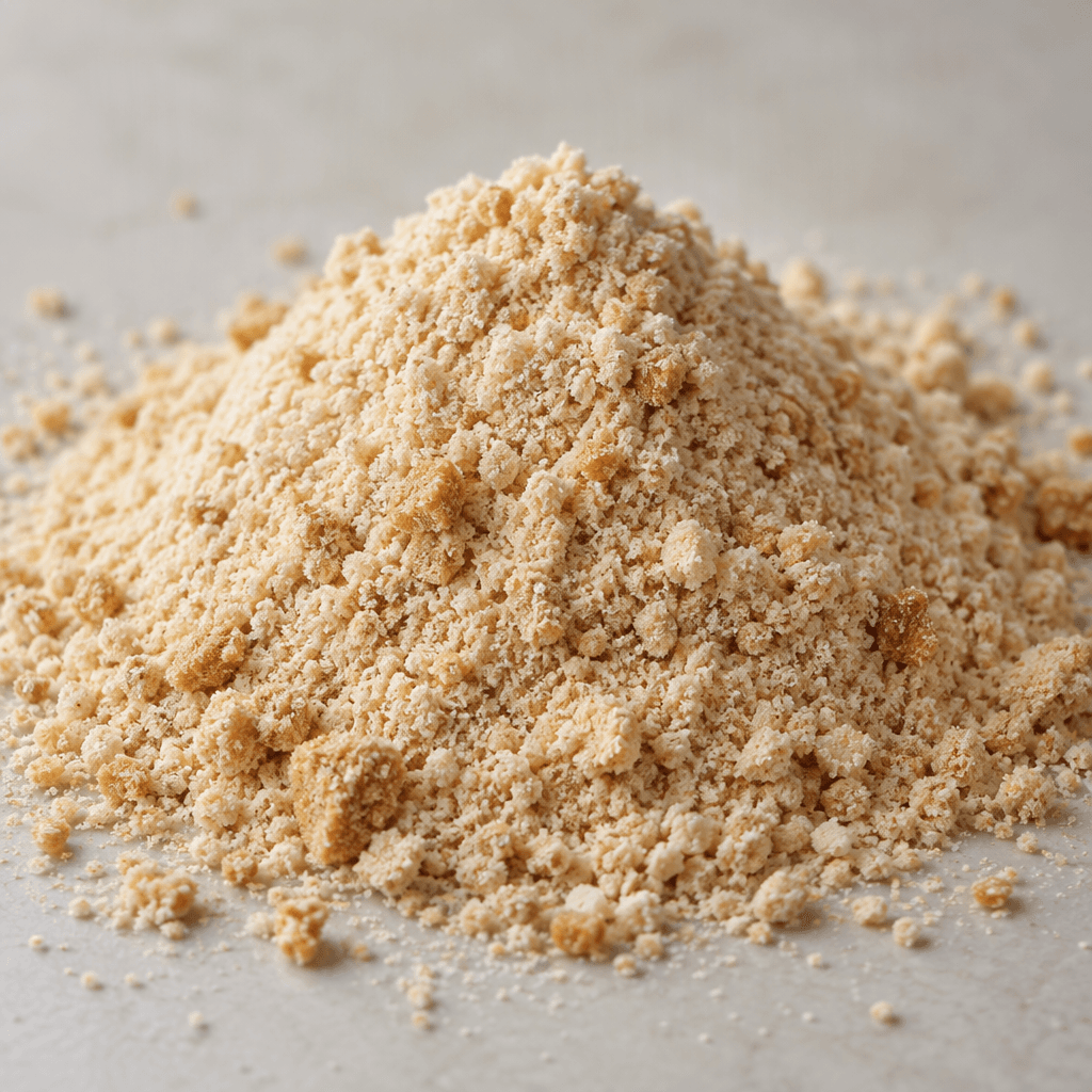 A mound of fine pale beige powder with a few darker biscuit-like specks, loosely piled on a plain surface.