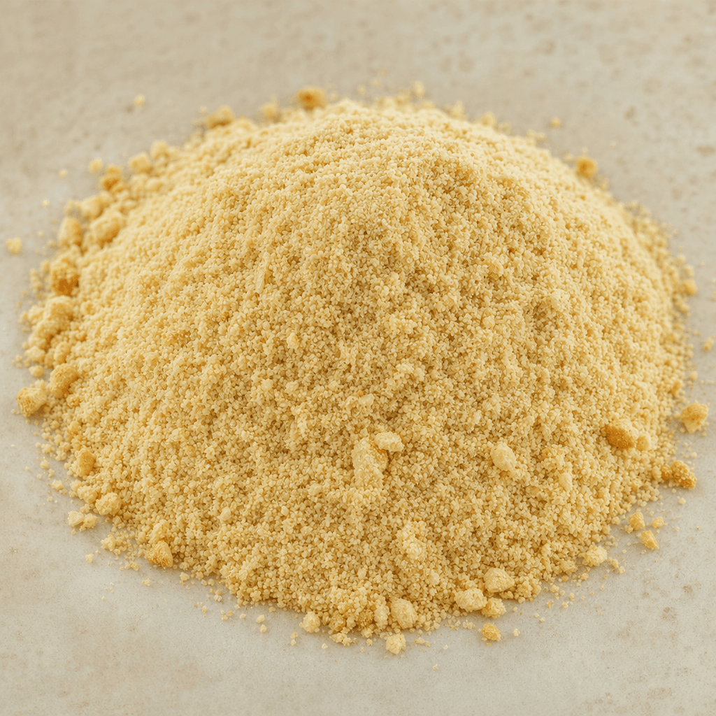 A pale beige, finely ground powder with a few tiny biscuit-like crumbs sits in a small mound.