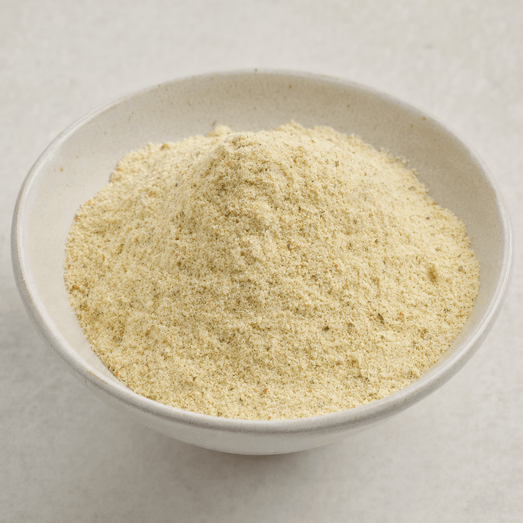 A mound of fine, pale cream-colored protein powder with tiny colorful flecks, resting in a small bowl.