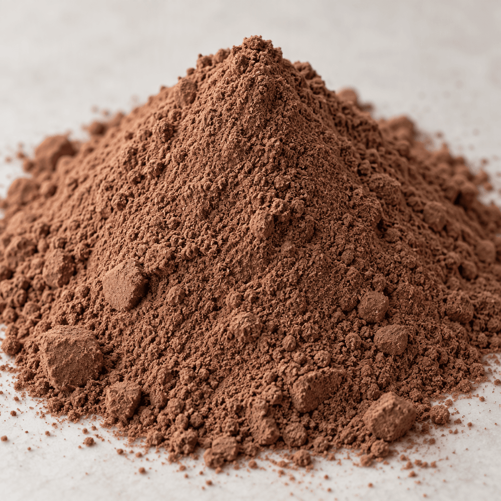 Fine, loose chocolate-brown rice flour forms a soft mound, with a smooth powdery surface and a few small clumps.