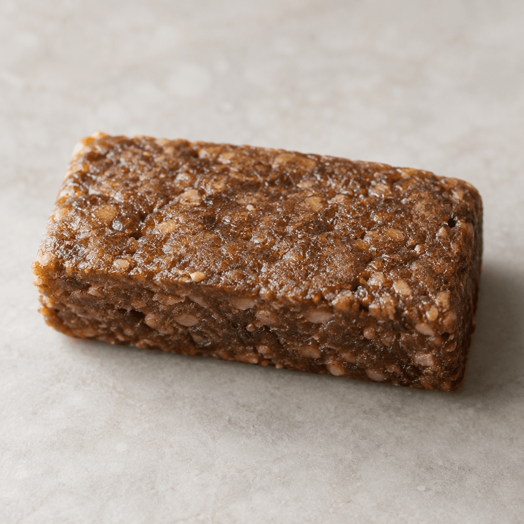 A compact, rectangular bar with a muted brown, slightly uneven surface and no clearly visible toppings.