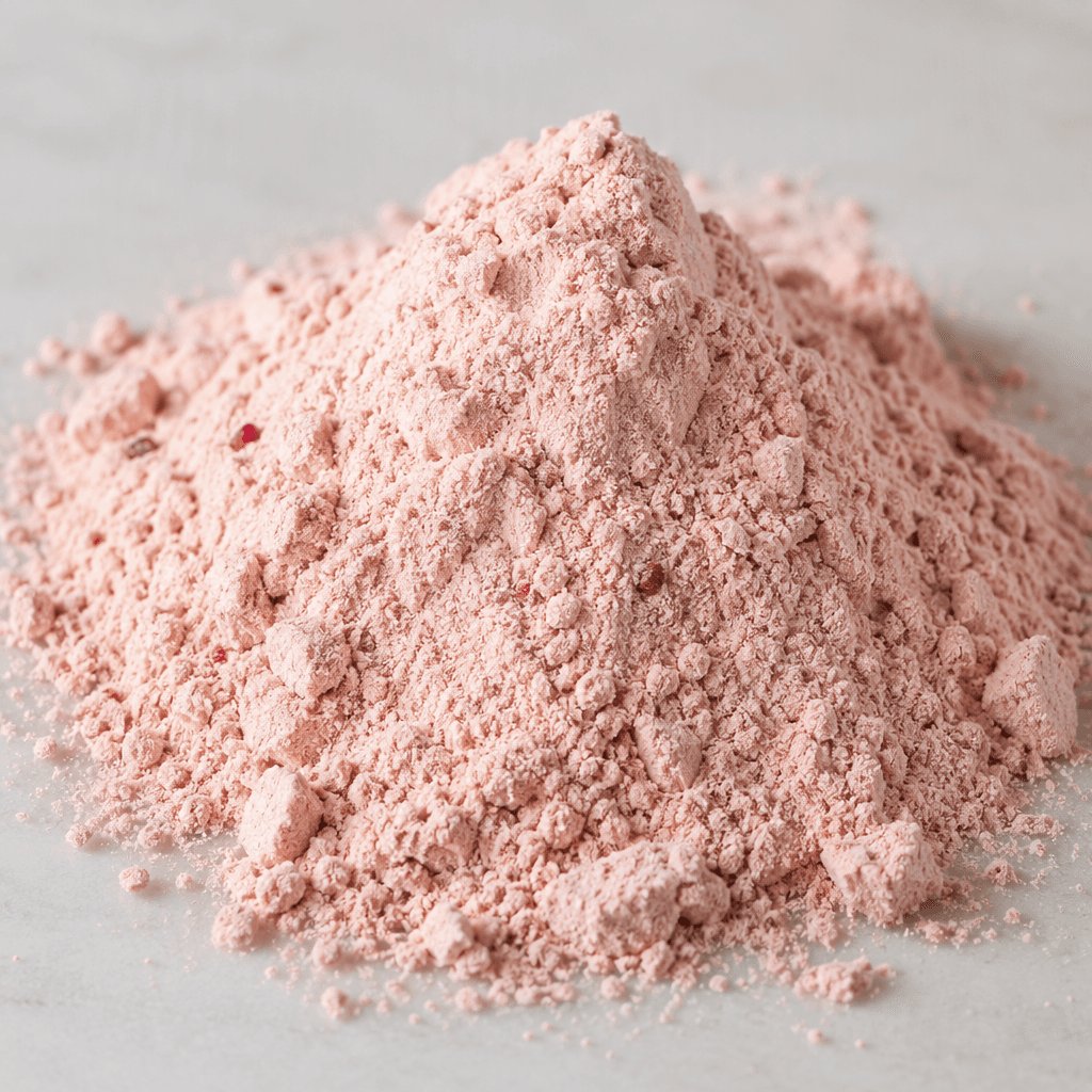 A mound of fine, pale pink protein powder with a few tiny darker flecks sits loosely piled on a clean surface.