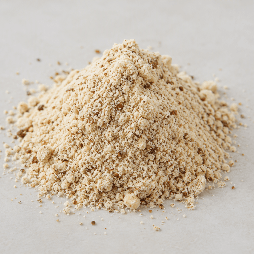 A mound of fine, pale beige powder with scattered small brown flecks sits loosely on a plain surface.