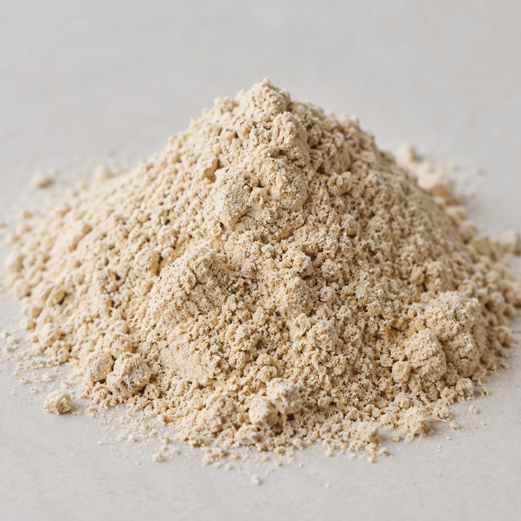 A loose mound of fine, light beige protein powder with a few darker specks.