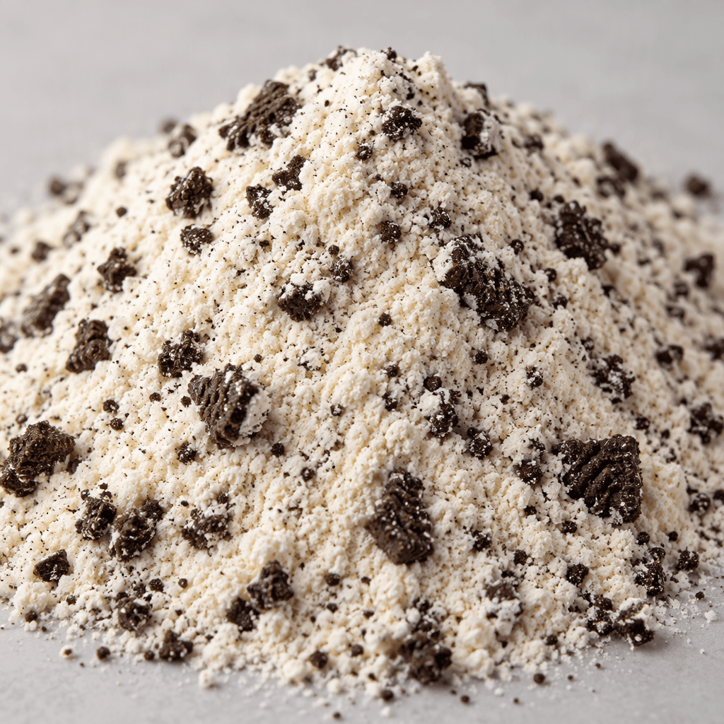 A mound of fine, pale cream-colored powder is speckled with small dark brown cookie crumbs.