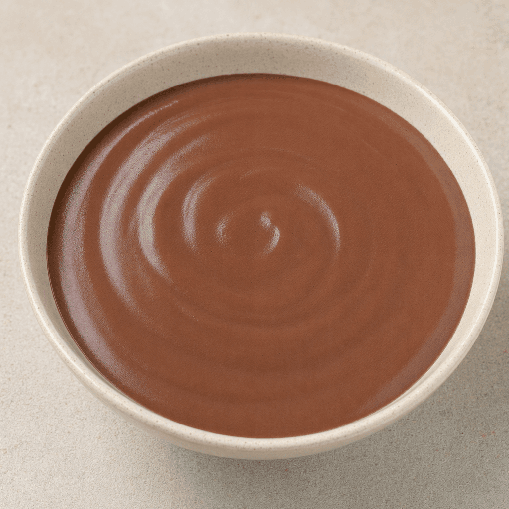 A bowl of thick, smooth chocolate-brown rice cream with an even, slightly glossy surface and no visible toppings.