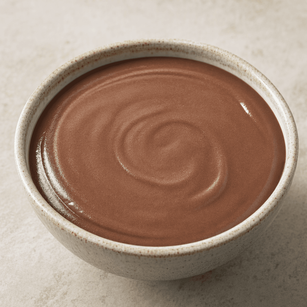 A bowl of thick, smooth chocolate-brown rice porridge with a softly glossy surface and fine, even texture.