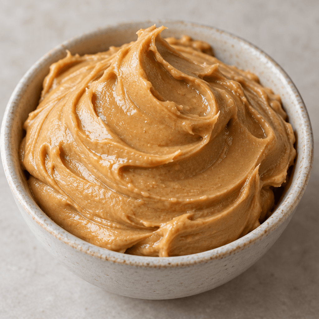 A thick, smooth, pale-brown peanut spread with a slight sheen, gathered in a soft mound.