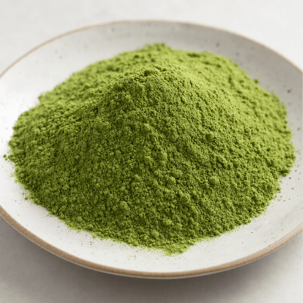 A mound of fine, matte green powder with a slightly uneven, softly granular surface, loosely piled on a plain dish.