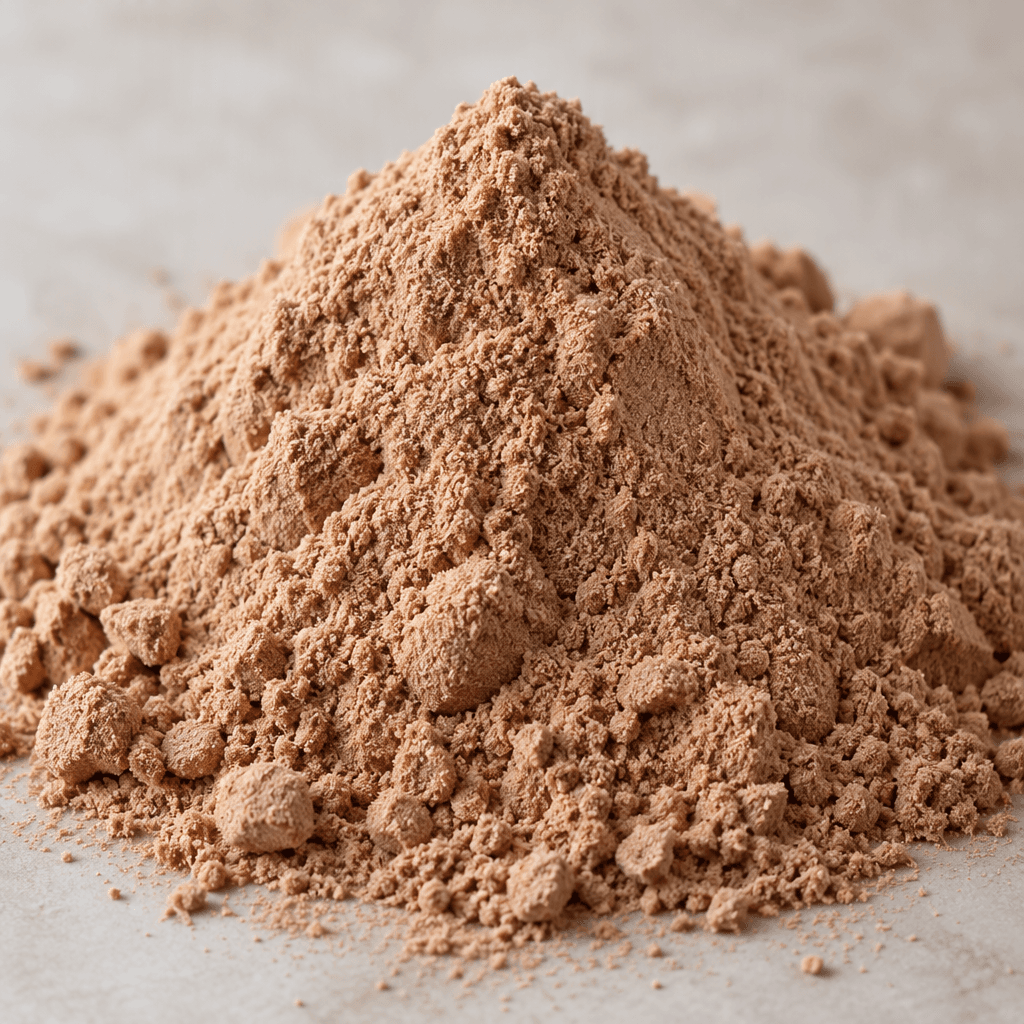A mound of fine, light caramel-brown protein powder with a soft, slightly grainy texture.