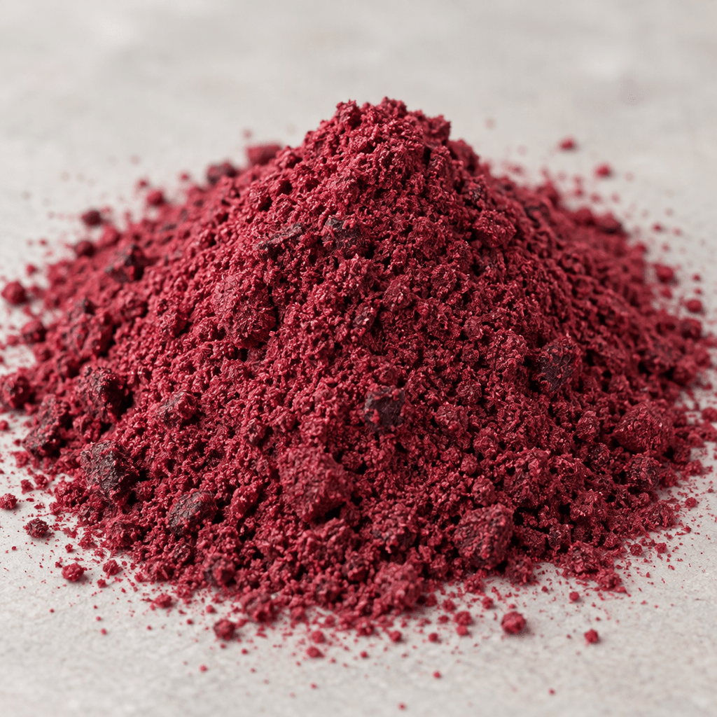 A loose mound of fine, dry berry-red powder with a slightly uneven surface and a few darker flecks.
