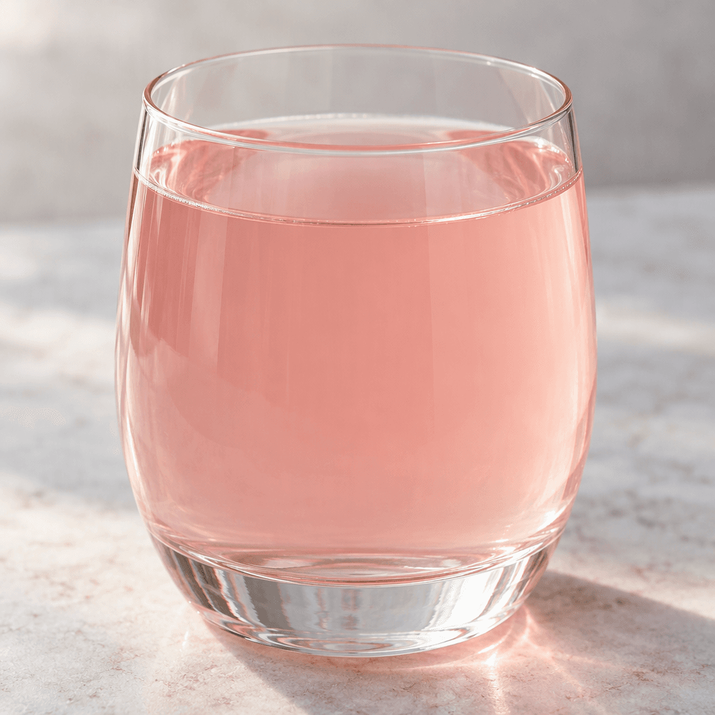 A clear glass holds a smooth, translucent pale-pink drink with no visible pieces or garnish.