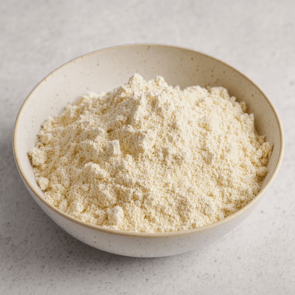 A small mound of fine, pale cream-colored protein powder with a soft, dry, slightly clumpy texture sits in a shallow bowl.