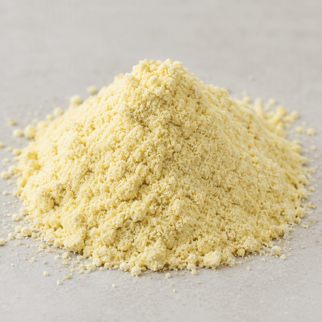 A mound of fine, pale yellow banana-flavoured powder with a soft, slightly granular texture, scattered lightly around its base.