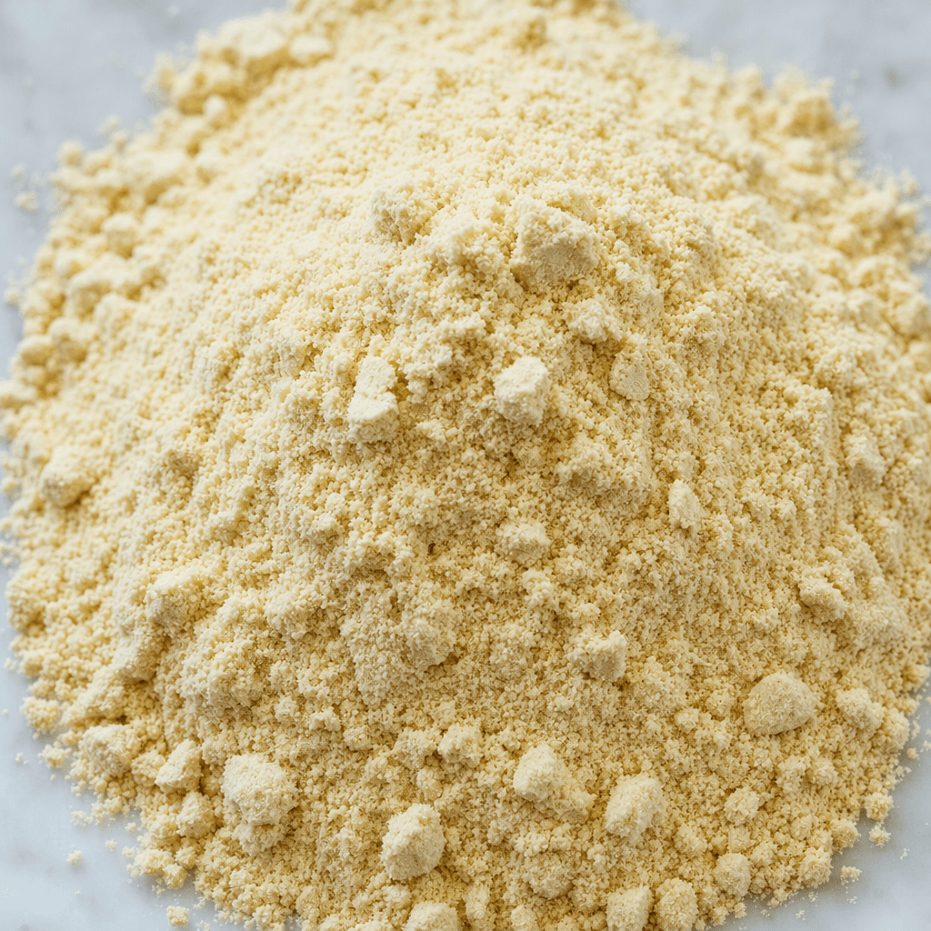 A pale beige, finely milled powder with a dry, slightly grainy texture and a few small clumps, gathered in a loose mound.