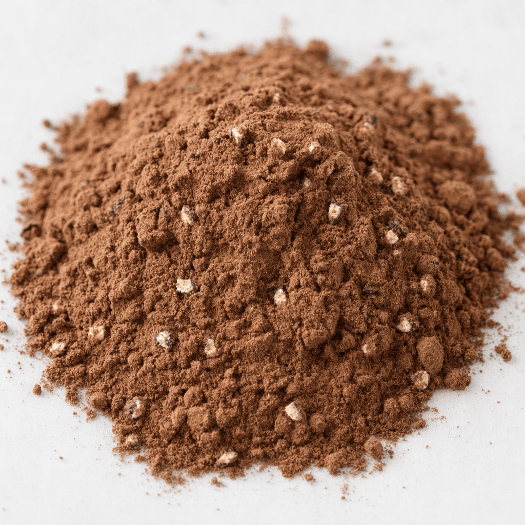A mound of fine, dark brown protein powder with tiny pale cookie-like flecks, loosely piled on a clean surface.