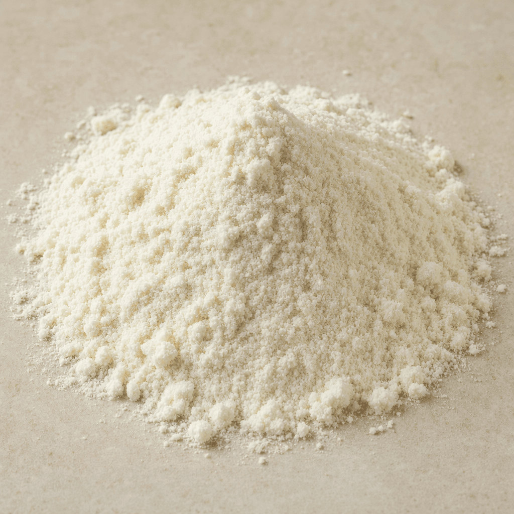 A small mound of pale ivory rice powder with a fine, dry, softly granular texture.