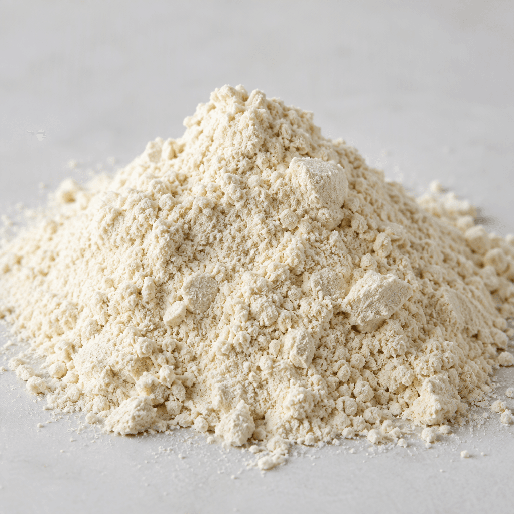 Açık krem renginde, ince öğütülmüş protein tozu gevşek bir yığın halinde duruyor; kuru ve yumuşak dokusu yüzeydeki birkaç küçük topakla görülüyor.