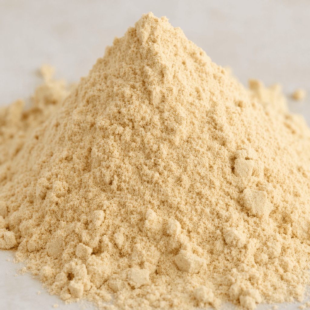 A mound of fine, light beige biscuit-flavored protein powder with a soft, slightly granular texture.