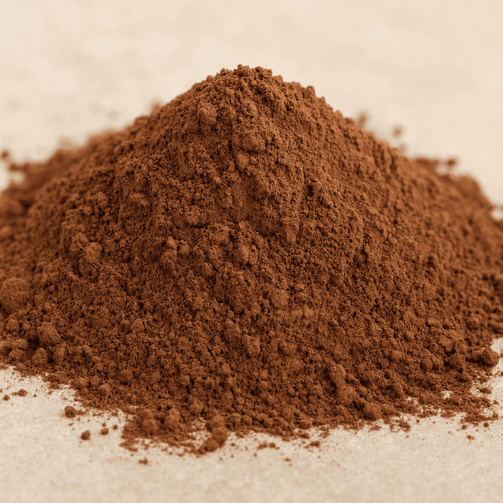 A fine, dry chocolate-brown powder sits in a soft mound, with a loose, slightly grainy surface.