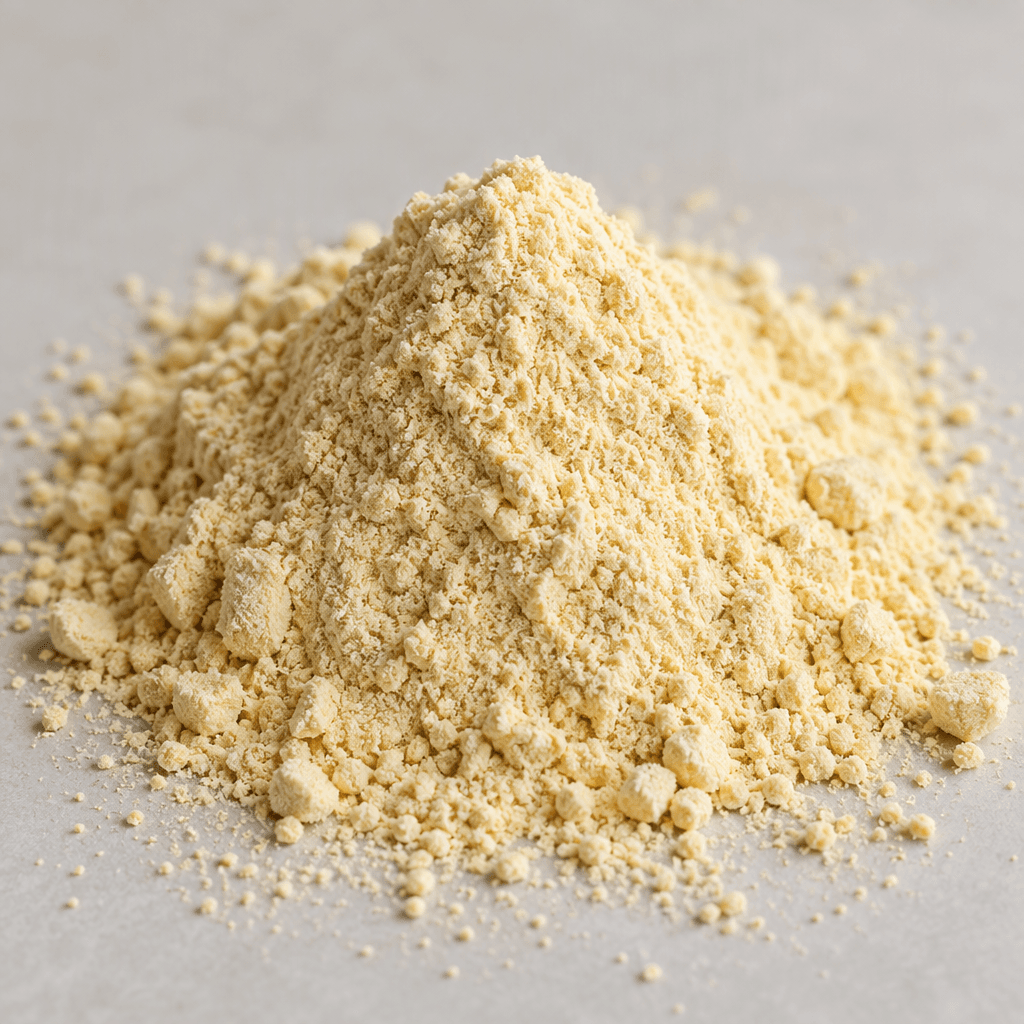 A small mound of fine, dry, pale yellow-beige banana protein powder with a soft, slightly grainy surface sits loosely scattered on a plain surface.