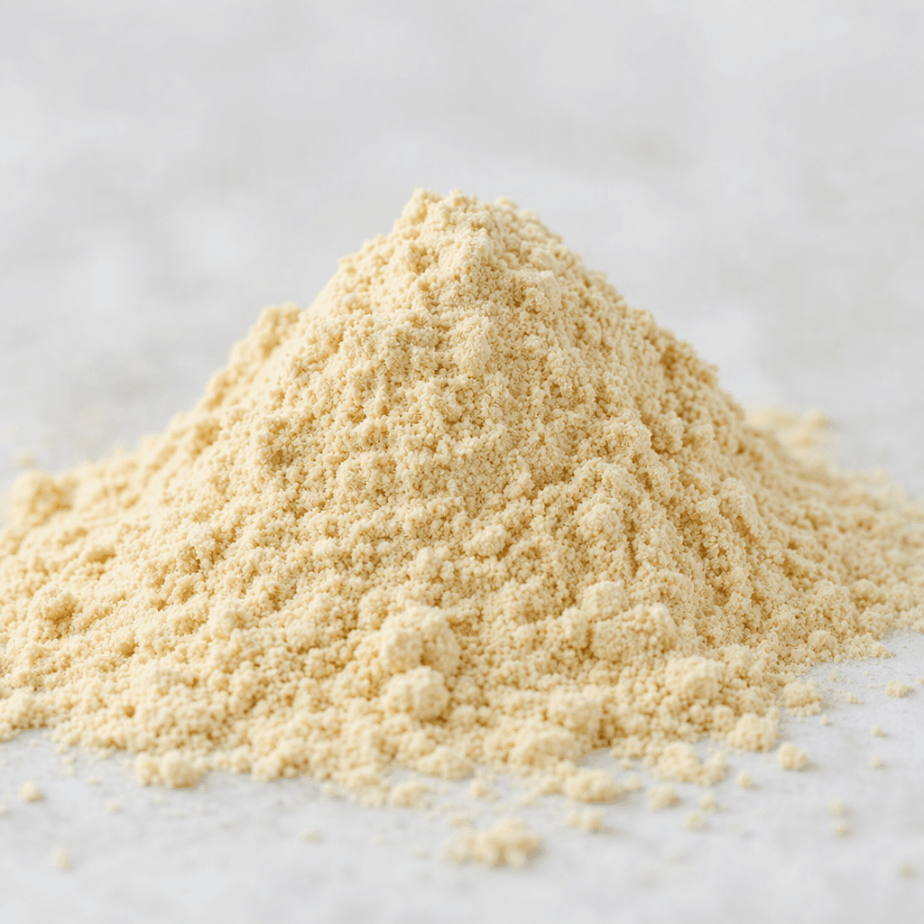 A small mound of pale beige soy protein powder with a fine, slightly grainy texture sits on a clean surface.