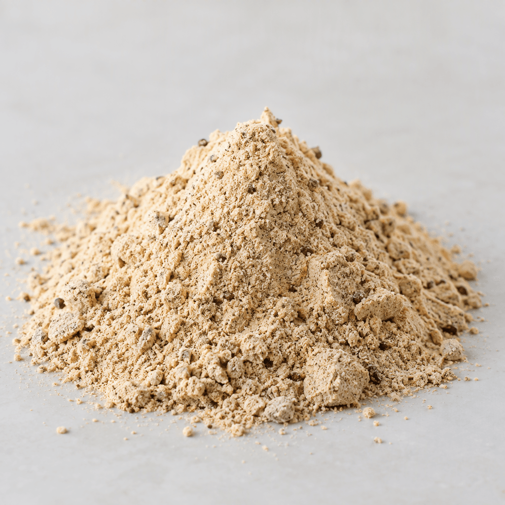 A small mound of fine, pale tan protein powder with a few darker brown flecks rests on a plain surface.