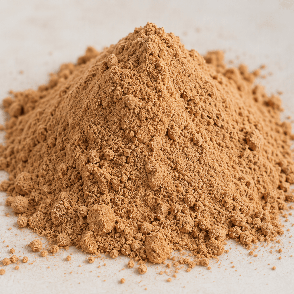 A mound of fine, light caramel-brown coffee powder with a dry, slightly granular texture.