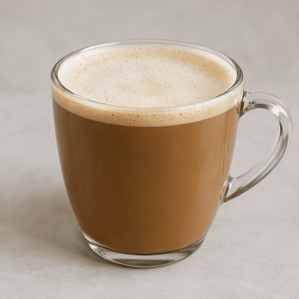 A smooth, medium-brown coffee drink with a thin layer of pale, creamy foam on top.