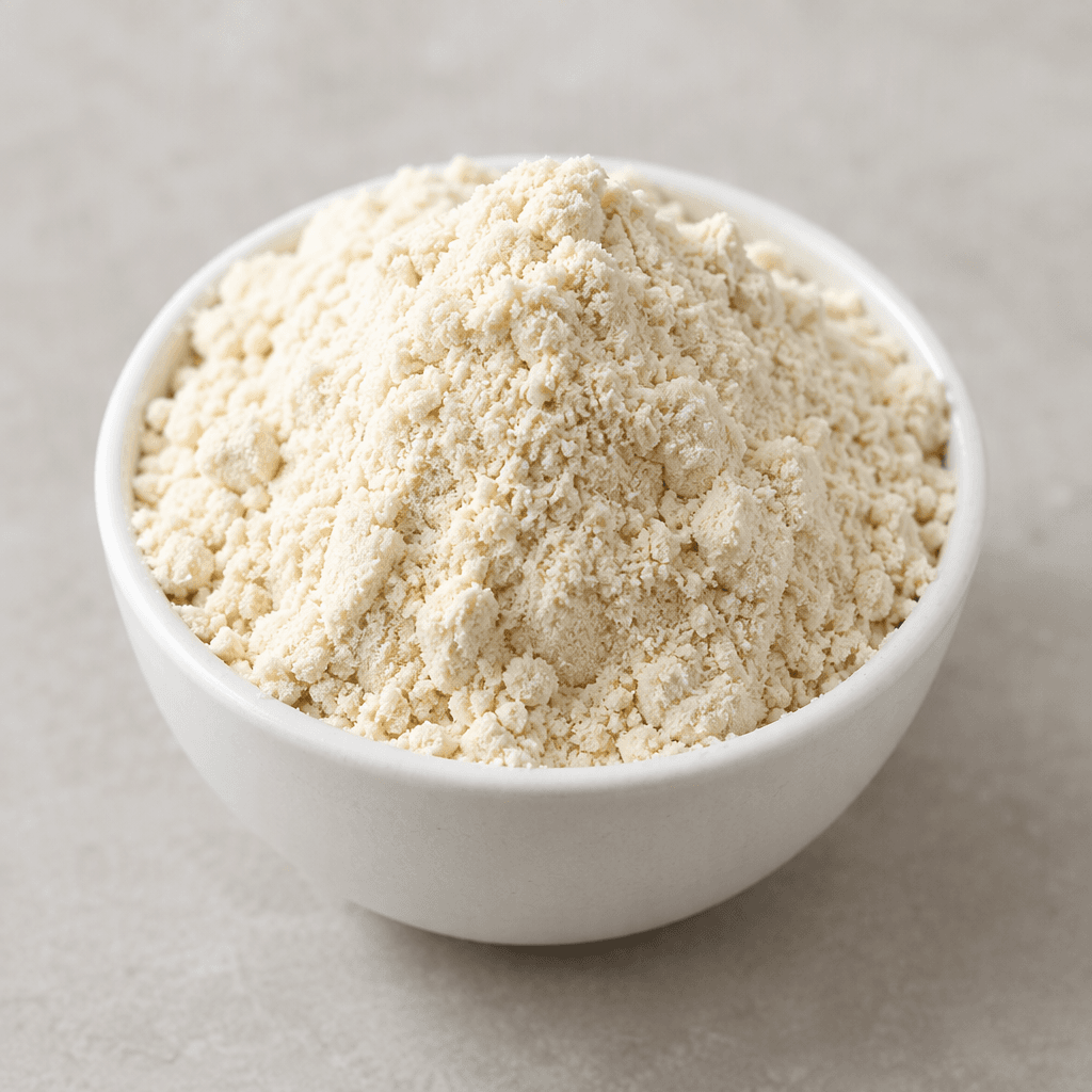 Küçük bir ölçek ya da kâsede gevşekçe yığılmış, kuru, ince taneli ve pürüzsüz dokulu açık krem renkli protein tozu.