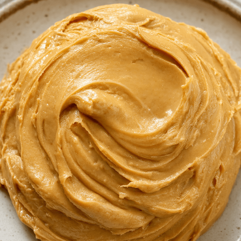 A thick, smooth, light-brown peanut paste with a subtle sheen, piled into a rounded mound with soft swirls and ridges.