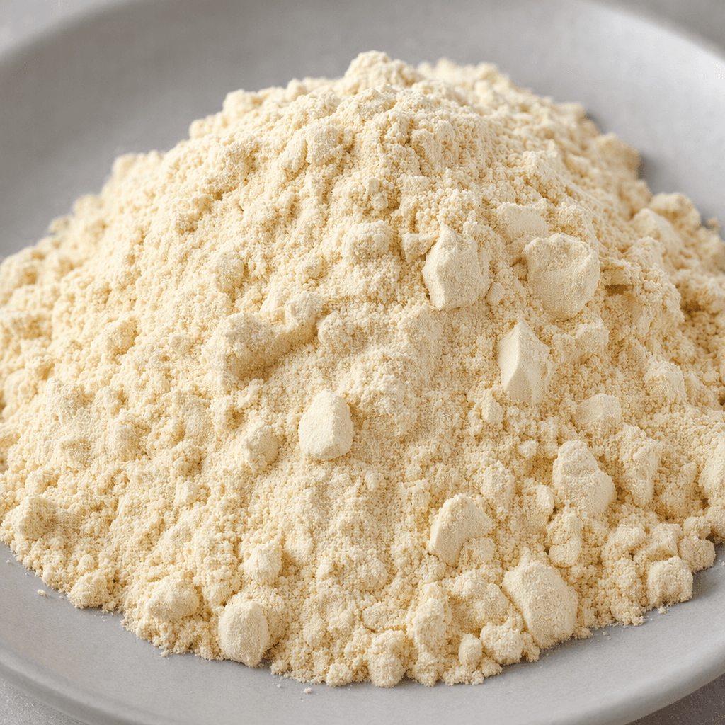 A mound of fine, pale beige protein powder with a dry, slightly grainy texture and a few small clumps.