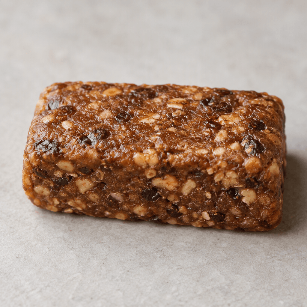 A compact, rectangular protein bar with a brown, slightly uneven surface and softly rounded corners.