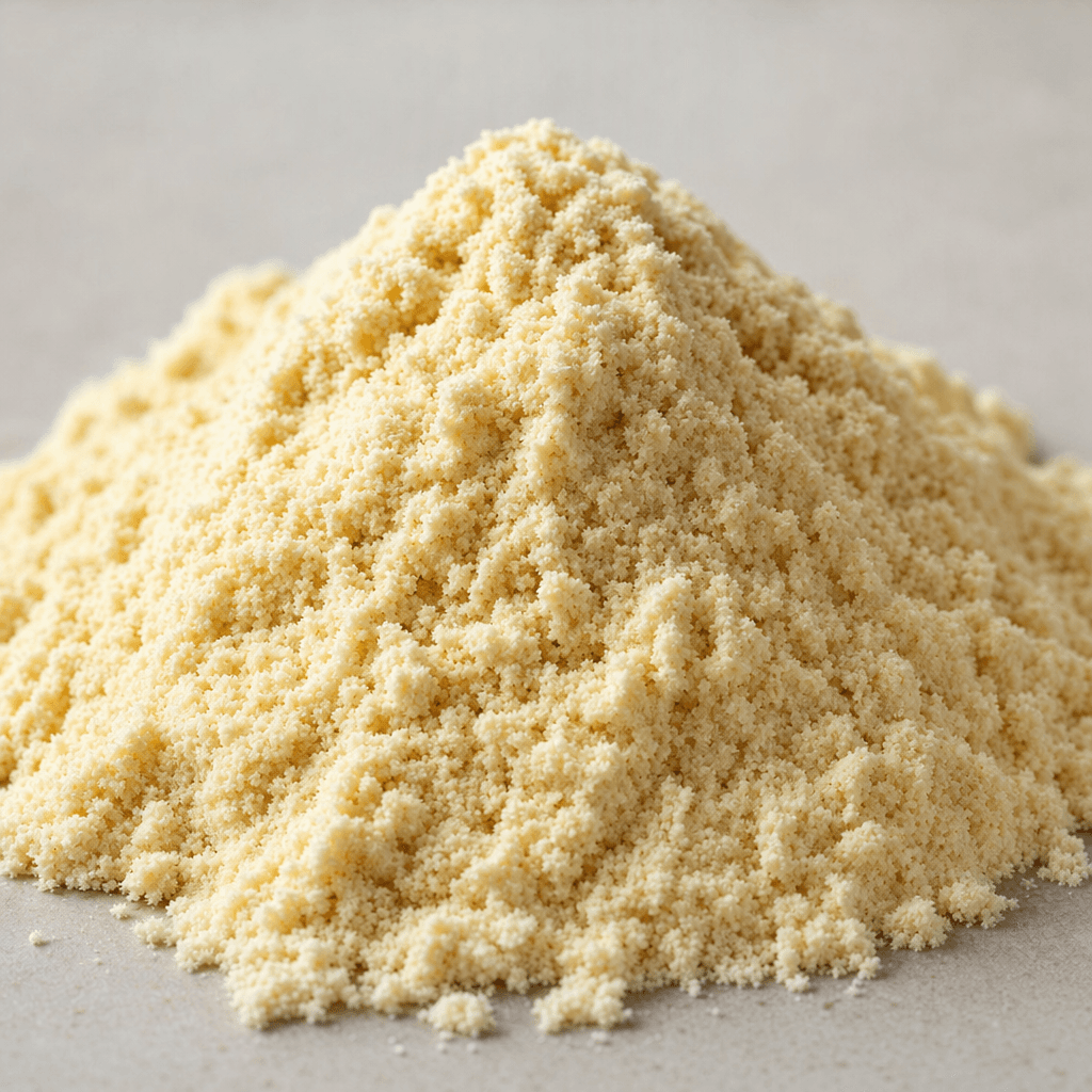 A mound of fine, light beige whey protein powder with a soft, slightly clumpy texture sits on a plain surface.