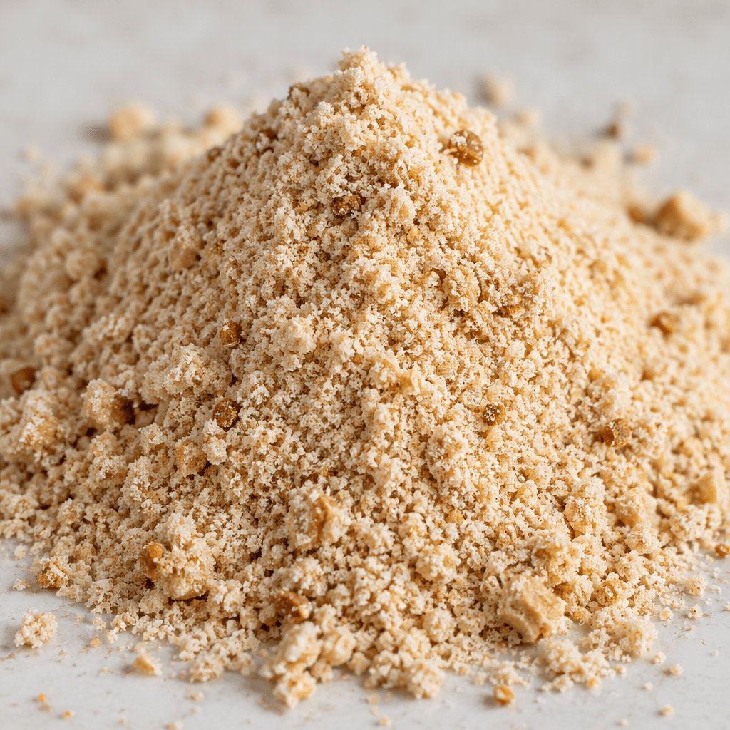 A loose mound of fine, pale beige powder with a slightly grainy texture and a few darker biscuit-colored flecks.