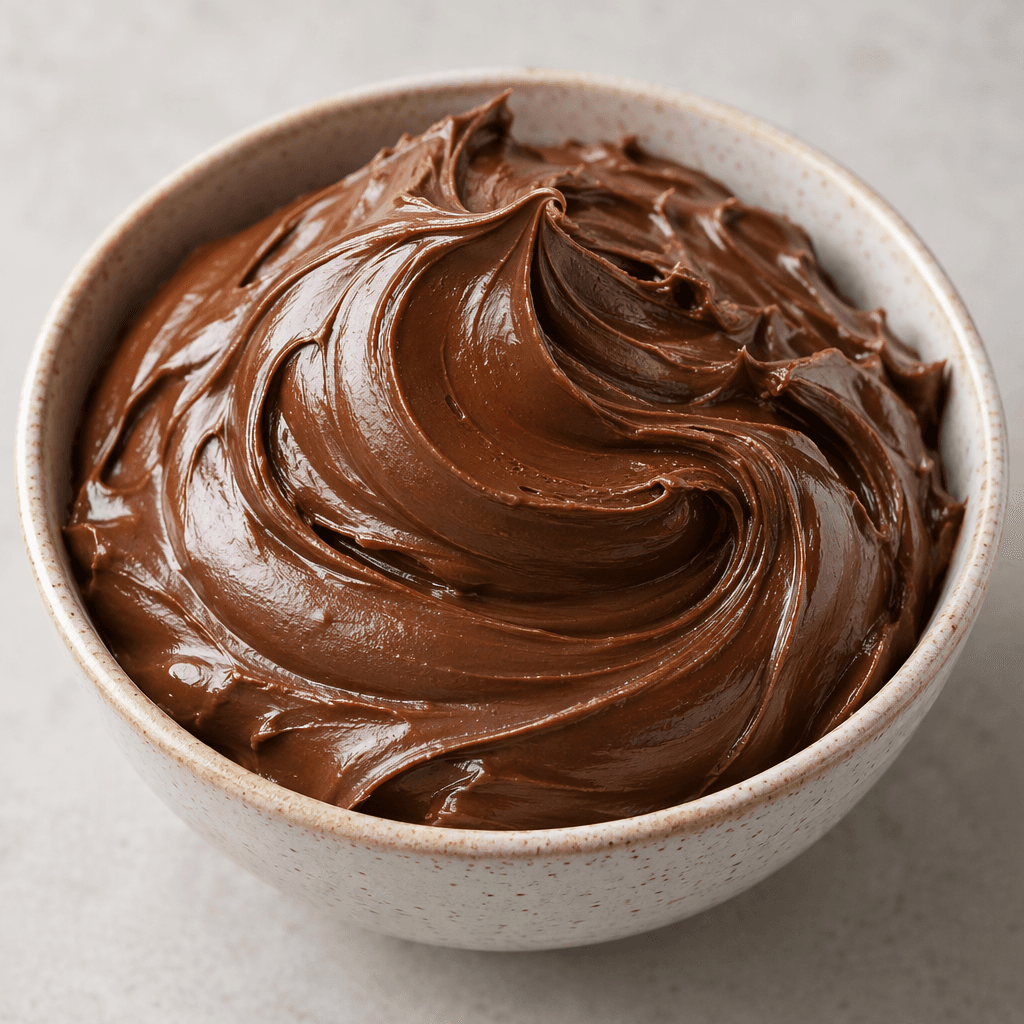 A thick, smooth, deep-brown chocolate spread sits in a rounded mound, with a glossy surface and soft swirls.