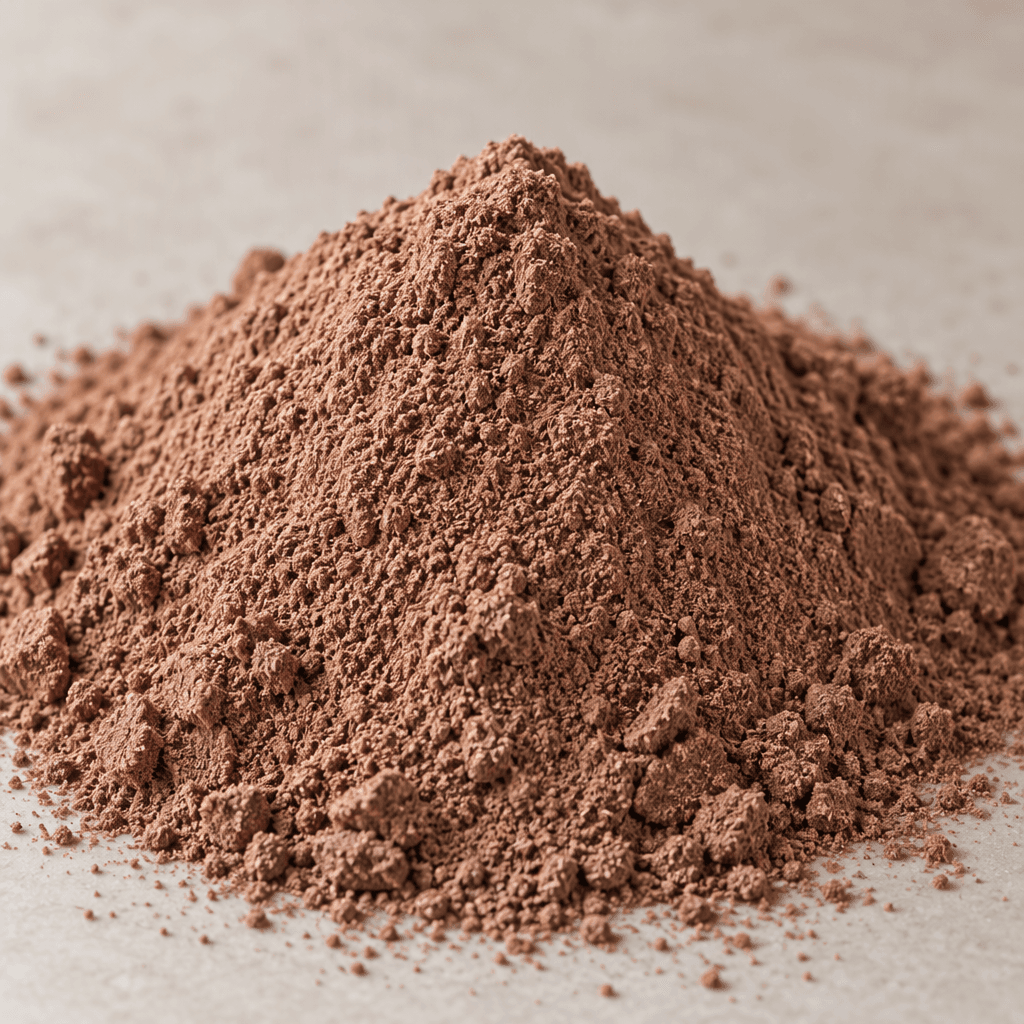 Fine, loose chocolate-brown rice flour forms a soft, even mound with a slightly powdery surface.